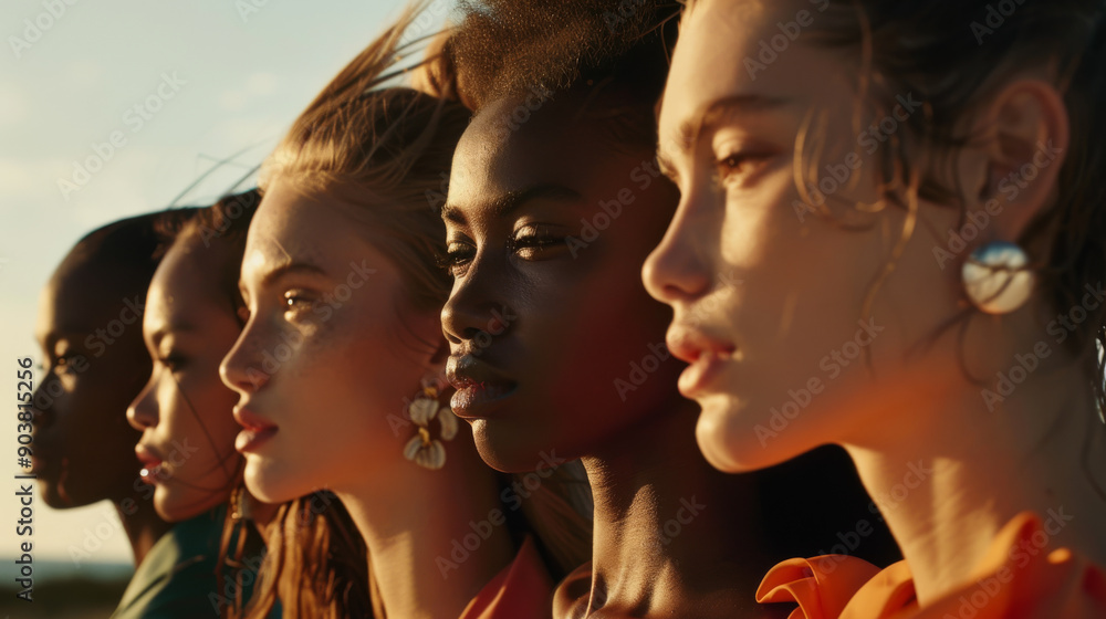 Five women stand in profile under the setting sun, their diverse features highlighted in golden light, creating a powerful sense of unity and strength. Five women stand in profile under the setting sun, their diverse features highlighted in golden light, creating a powerful sense of unity and strength.