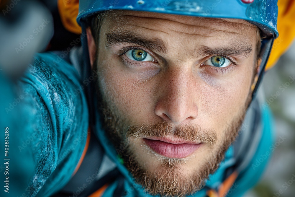 9. A close-up of a climber's face, showing determination and focus, with the mountain landscape blurred in the background 9. A close-up of a climber's face, showing determination and focus, with the mountain landscape blurred in the background