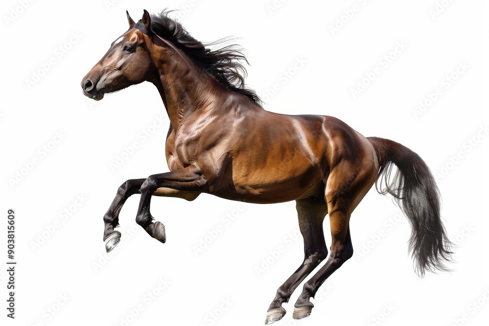 Fototapeta premium Brown horse in rearing pose, standing up on hind legs isolated on white background