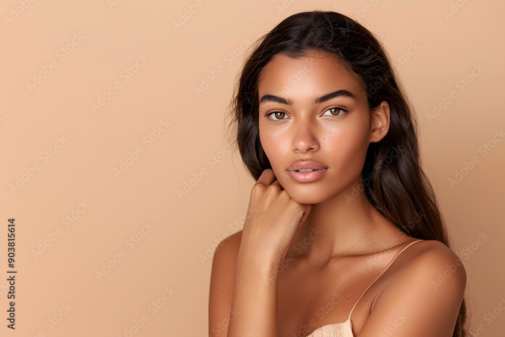 Portrait of a young woman with a natural beauty look on a beige background Portrait of a young woman with a natural beauty look on a beige background