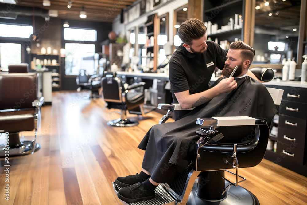 Barbershop with a stylist cutting a client’s hair in a modern setting Barbershop with a stylist cutting a client’s hair in a modern setting