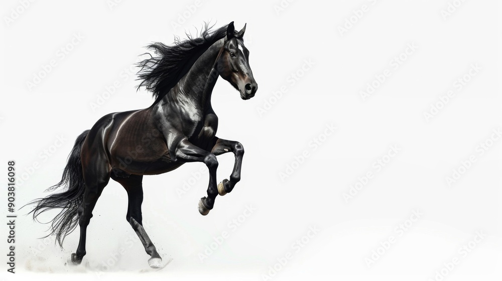 Black horse in rearing pose, standing up on hind legs isolated on white background Black horse in rearing pose, standing up on hind legs isolated on white background