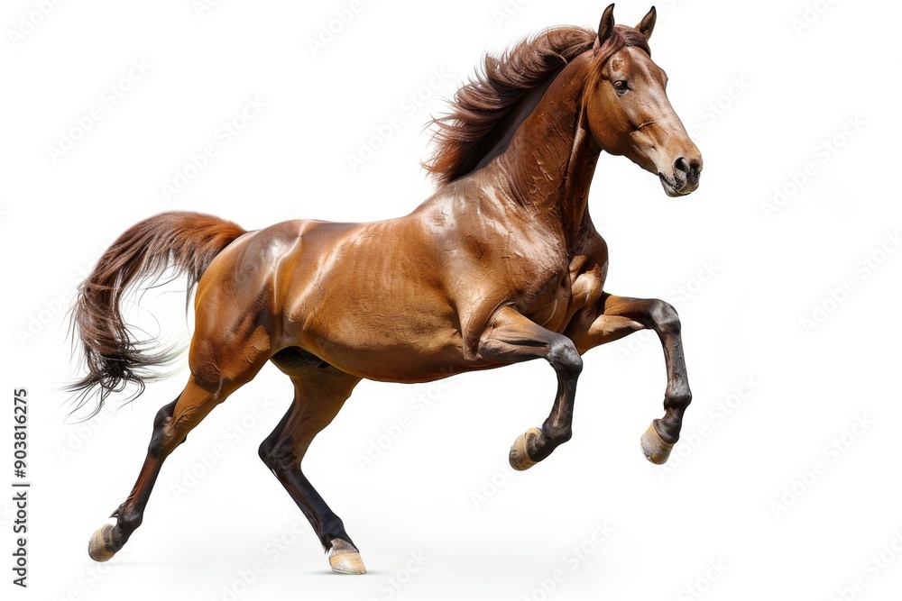 Fototapeta premium Brown horse in rearing pose, standing up on hind legs isolated on white background