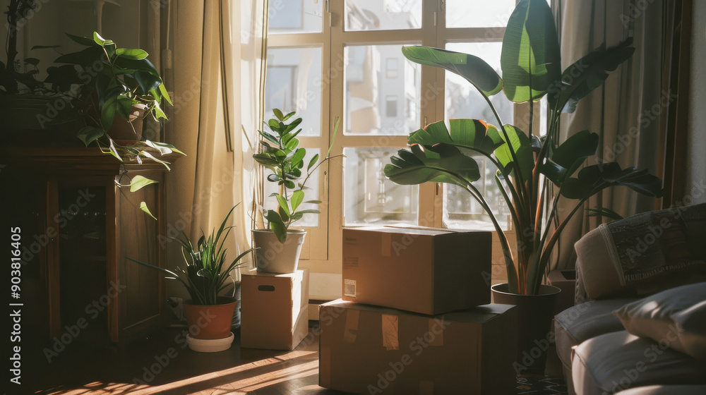 Sunlit living room corner with houseplants and moving boxes, symbolizing new beginnings and the joys of home-making. Sunlit living room corner with houseplants and moving boxes, symbolizing new beginnings and the joys of home-making.