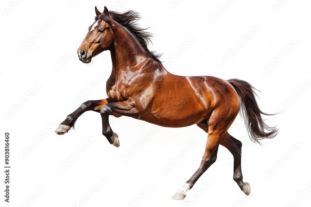 Brown horse in rearing pose, standing up on hind legs isolated on white background Brown horse in rearing pose, standing up on hind legs isolated on white background
