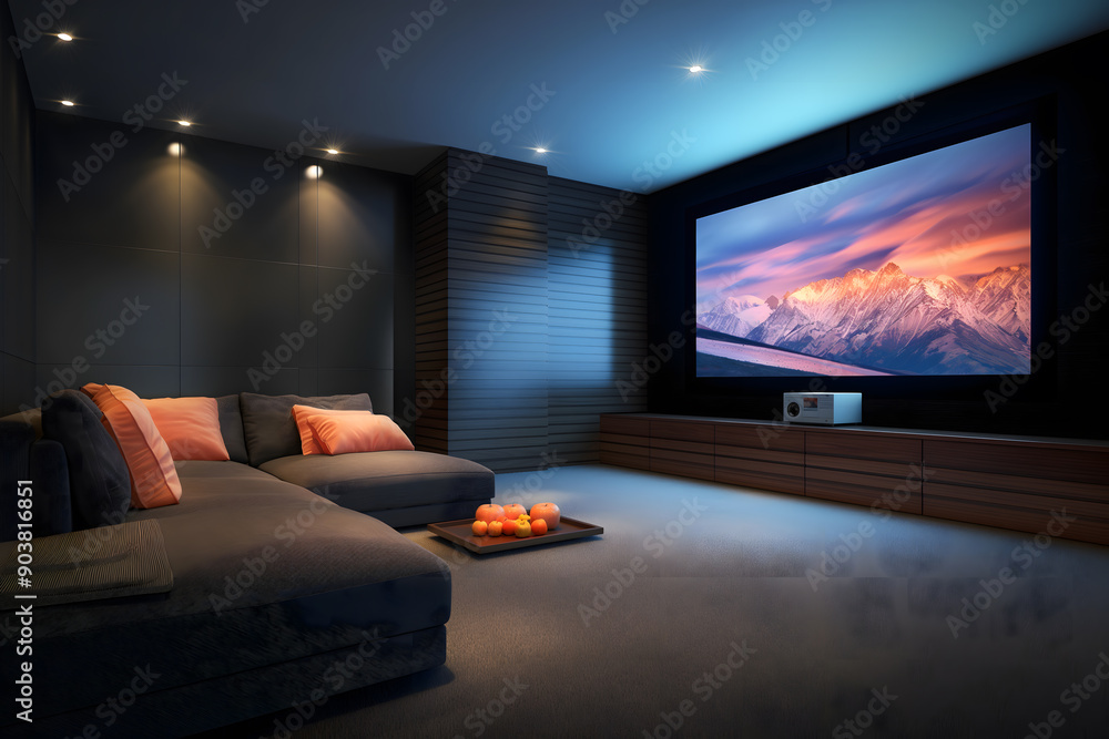 Modern home theater with cozy furniture and large screen in a dark room Modern home theater with cozy furniture and large screen in a dark room