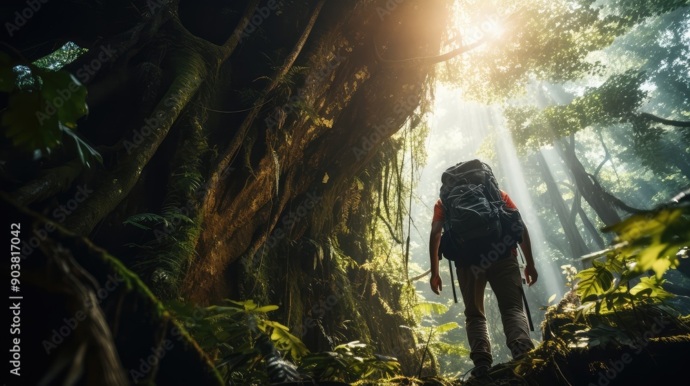 Obraz premium jungle man climbing tree