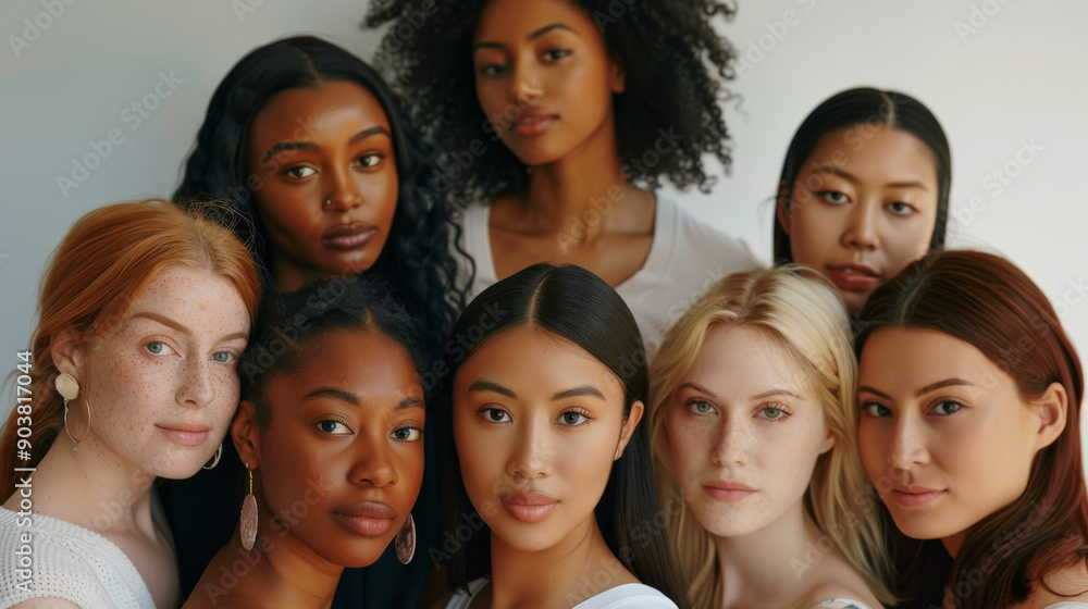 A diverse group of women standing together in a harmonious formation, highlighting their natural beauty, distinct features, and strong sense of unity. A diverse group of women standing together in a harmonious formation, highlighting their natural beauty, distinct features, and strong sense of unity.