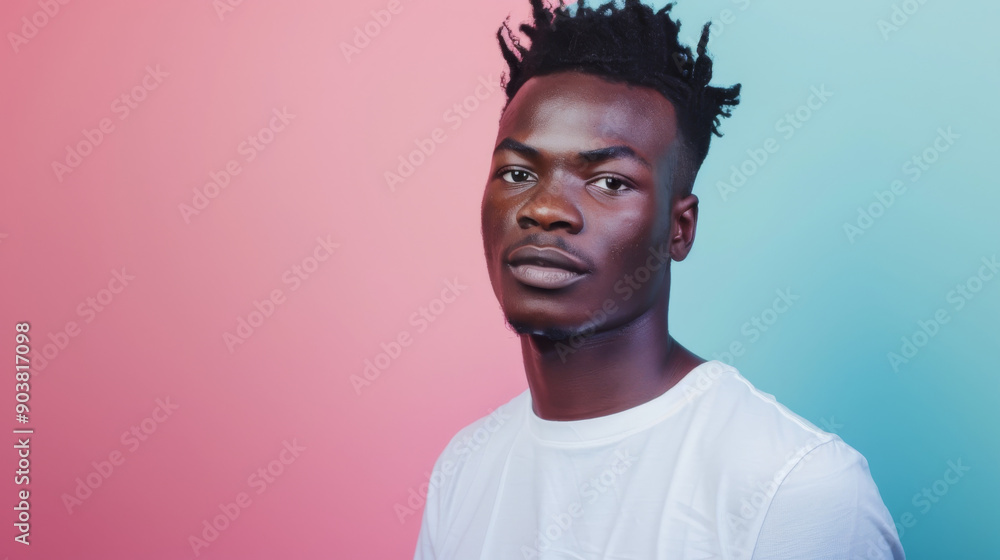 A confident man in a white t-shirt stands against a colorful, dual-tone backdrop, exuding strength and style, captured in a cool and modern portrait. A confident man in a white t-shirt stands against a colorful, dual-tone backdrop, exuding strength and style, captured in a cool and modern portrait.