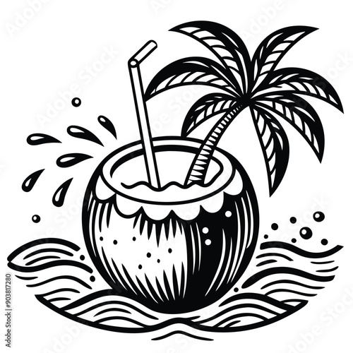 A vivid and lively illustration of a coconut on a beach, designed to be printed on a T-shirt.