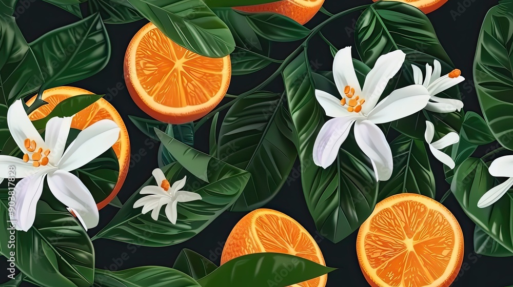 illustration of oranges and white flowers illustration of oranges and white flowers