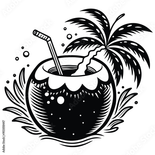 A vivid and lively illustration of a coconut on a beach, designed to be printed on a T-shirt.
