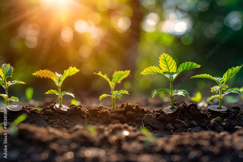 Young Plants Growing in Soil with Sunlight Young Plants Growing in Soil with Sunlight