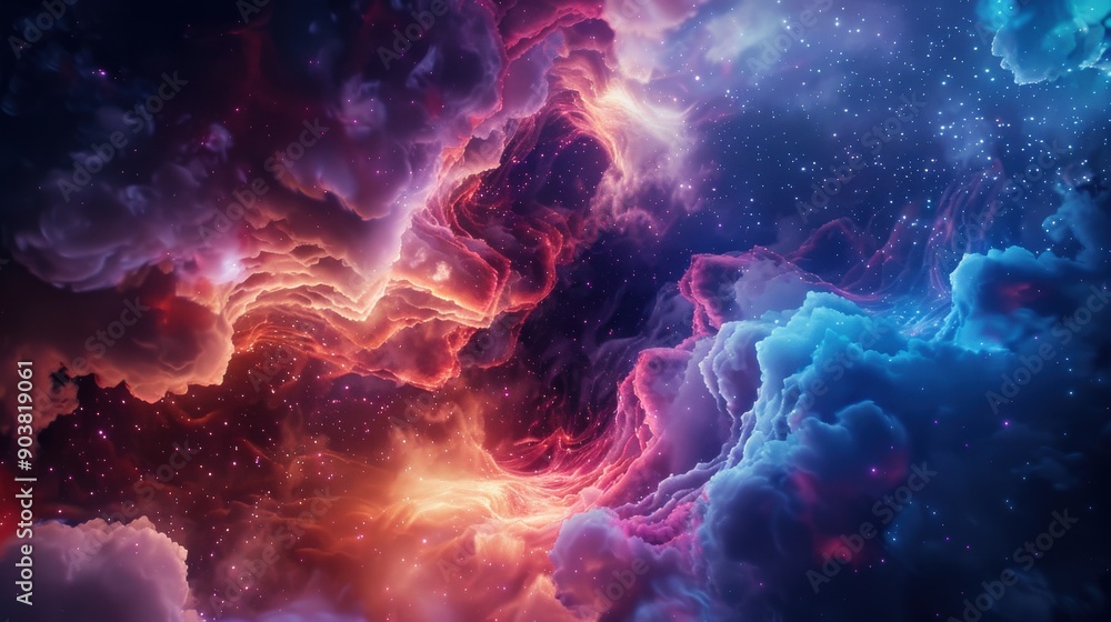 A colorful space scene with a red and blue cloud A colorful space scene with a red and blue cloud