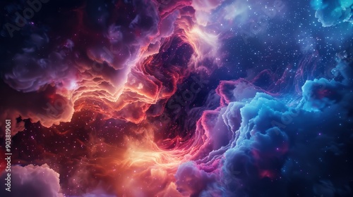 A colorful space scene with a red and blue cloud