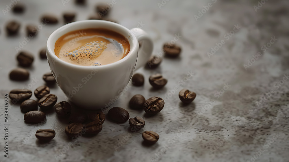 Coffee beans scattered around a small espresso cup, highlighting the texture and richness of the beans. Coffee beans scattered around a small espresso cup, highlighting the texture and richness of the beans.