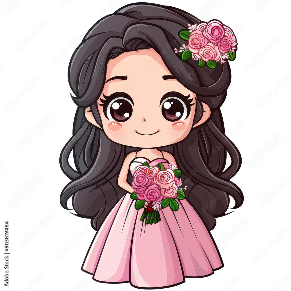 Fototapeta premium Whimsical pink chibi bridesmaid design perfect for kids, featuring bright colors and playful details on a white background.