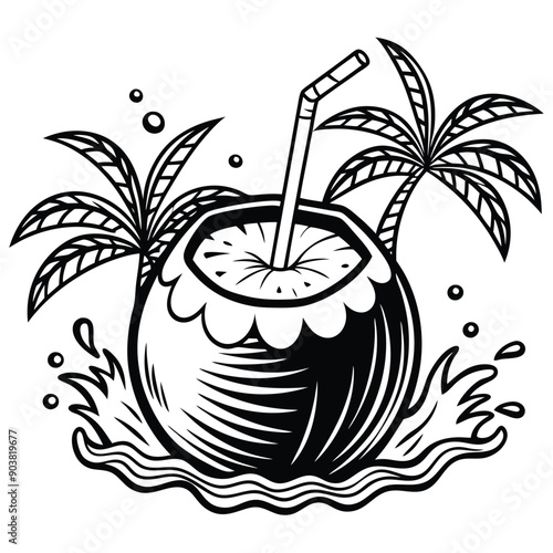 A vivid and lively illustration of a coconut on a beach, designed to be printed on a T-shirt.