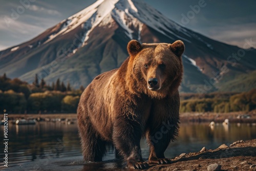 A large brown bear on the background of a volcano in Kamchatka. Animal hunting. Poaching.