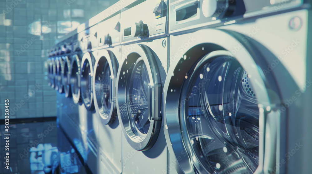 A row of washing machines neatly lined up in a laundromat, reflecting order, cleanliness, and modern utility services. A row of washing machines neatly lined up in a laundromat, reflecting order, cleanliness, and modern utility services.