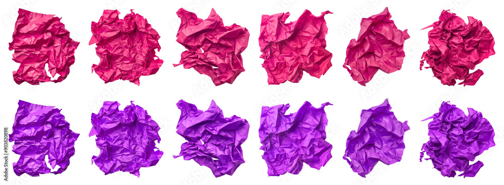 Fototapeta premium Collection set of magenta purple pink crumple wrinkle crushed scrunch irregular shape paper on transparent background cutout, PNG file. Many different design. Mockup template artwork graphic