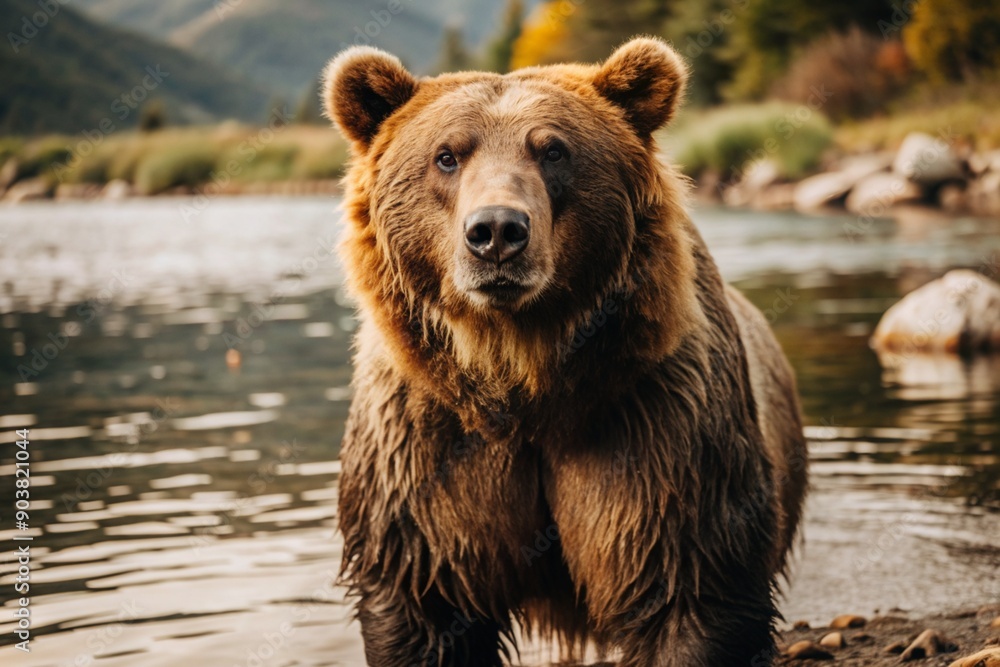 A big brown bear in the lake is hunting for fish. Animal hunting. Poaching. A big brown bear in the lake is hunting for fish. Animal hunting. Poaching.