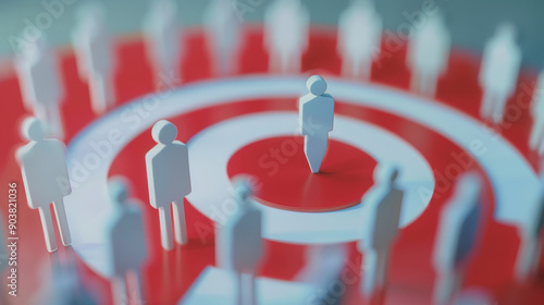 Abstract figures stand on a giant red target, emphasizing individuality and central focus amidst a connected, social environment.
