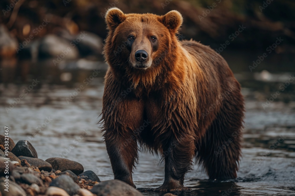 A big brown bear in the lake is hunting for fish. Animal hunting. Poaching. A big brown bear in the lake is hunting for fish. Animal hunting. Poaching.