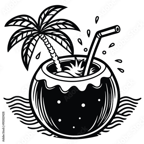 A vivid and lively illustration of a coconut on a beach, designed to be printed on a T-shirt.