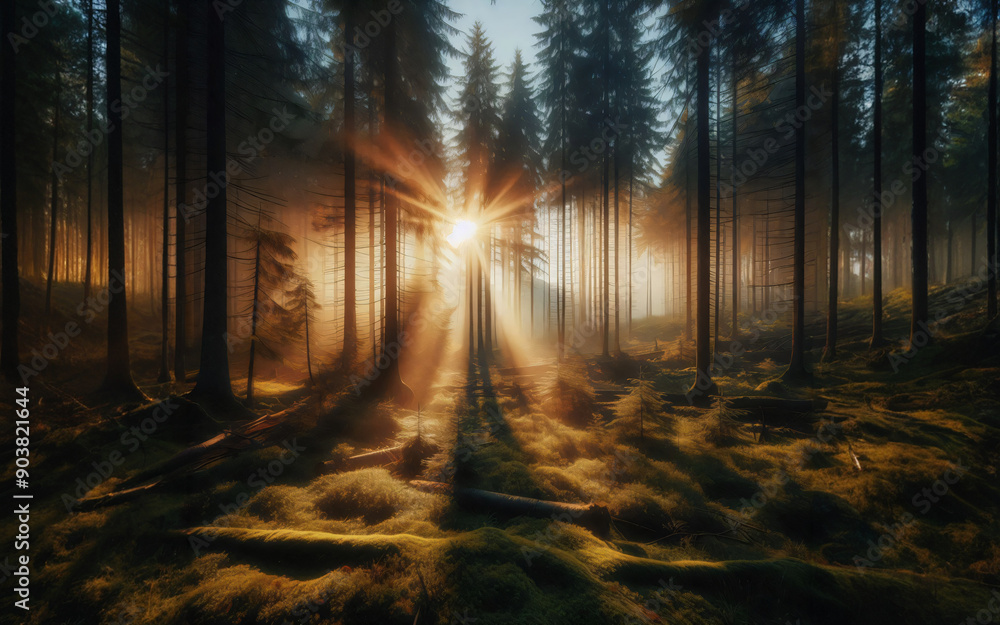 Fototapeta premium Sun shining through a foggy forest. morning forest with sun beams