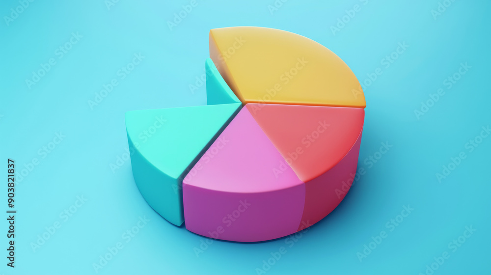 Fototapeta premium A brightly colored pie chart made of various segments sits on a blue background, representing data in a clear and visually appealing way.