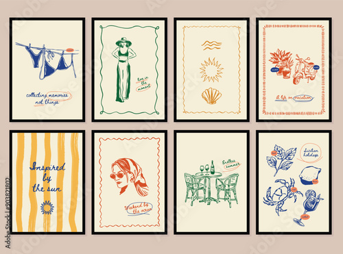 Minimalist hand drawn travel vector illustration collection. Art for postcards, branding, logo design, background.	
