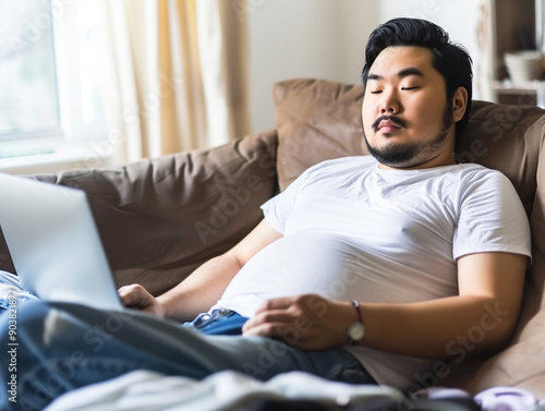 Fat man with big belly and body sitting on sofa while using laptop computer, overweight unhealthy life.