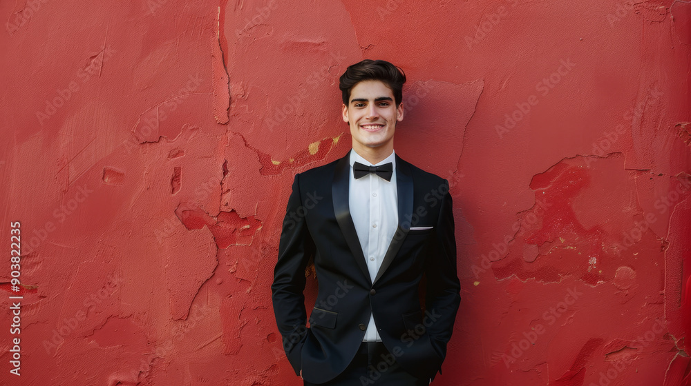 A young man in a black tuxedo smiling confidently in front of a weathered red wall. A young man in a black tuxedo smiling confidently in front of a weathered red wall.