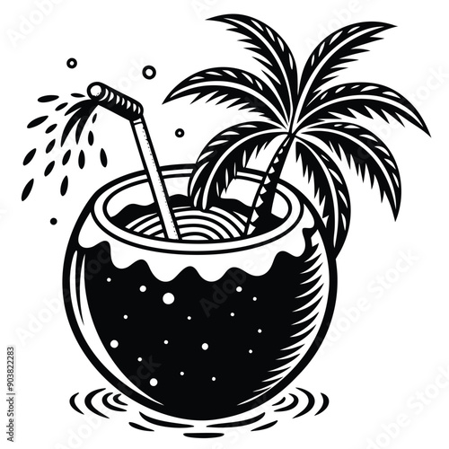 A vivid and lively illustration of a coconut on a beach, designed to be printed on a T-shirt.