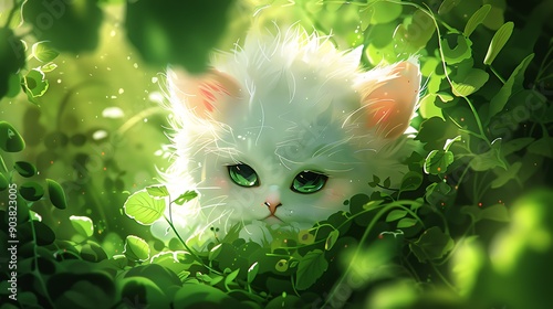 White Kitten Hiding in Green Foliage photo