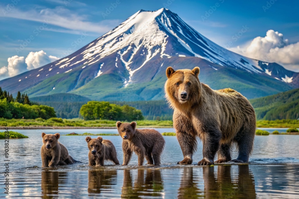 A large brown bear and small cubs in the lake against the background of the Kamchatka volcano. Animal hunting. Poaching. A large brown bear and small cubs in the lake against the background of the Kamchatka volcano. Animal hunting. Poaching.