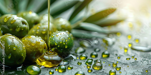 Splashes of olive oil on a white background. An advertising photo.