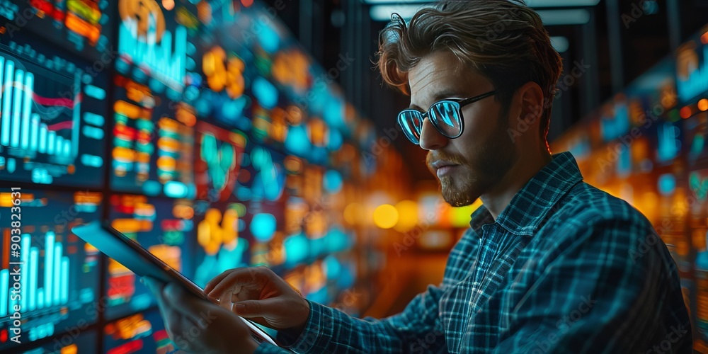 Man using tablet in front of large data screens with financial charts and graphs in a modern office Man using tablet in front of large data screens with financial charts and graphs in a modern office