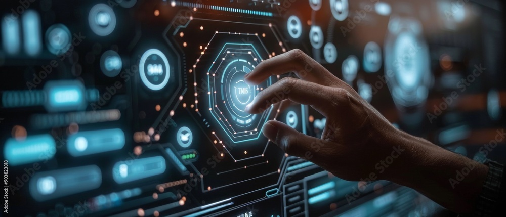 A digital interface with hexagonal symbols is interacted with in a futuristic setting, implying advanced tech and interactive design. A digital interface with hexagonal symbols is interacted with in a futuristic setting, implying advanced tech and interactive design.