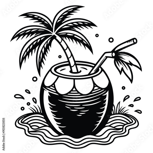 A vivid and lively illustration of a coconut on a beach, designed to be printed on a T-shirt.