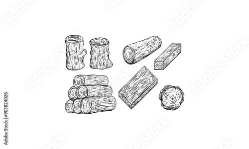 Wood logs, trunk and planks, vector sketch illustration. Hand drawn wooden materials. Firewood set.