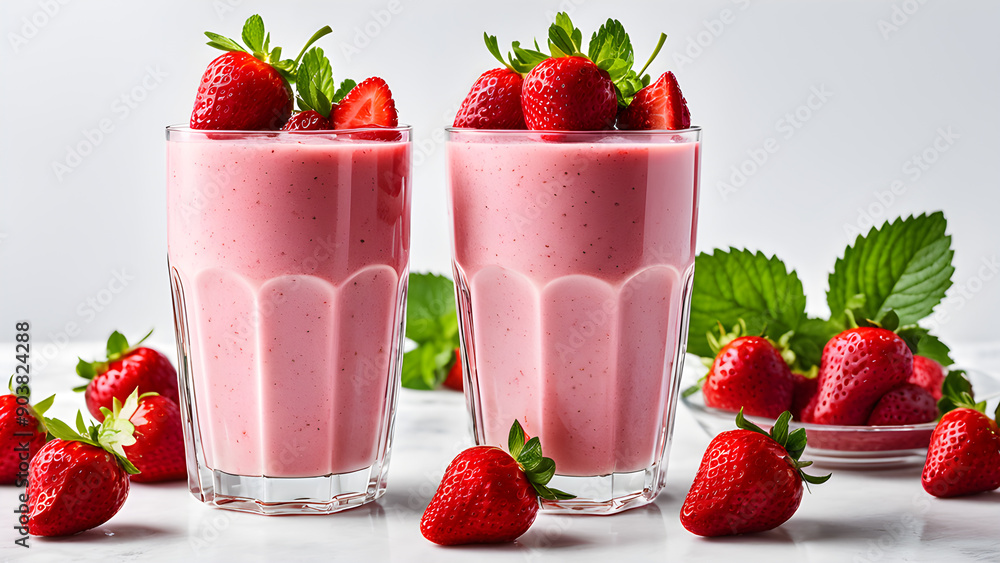 Strawberry milkshake in a glass with fresh strawberries on a white background Strawberry milkshake in a glass with fresh strawberries on a white background