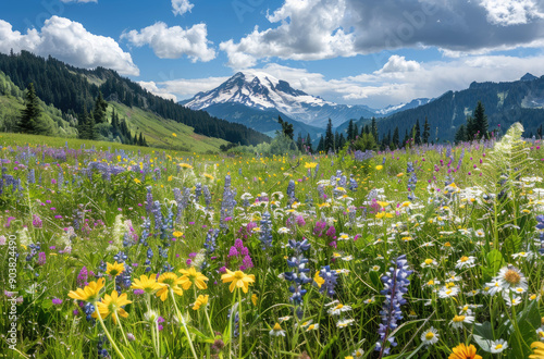 The mountain's snow-capped peak looms over green forests and lush hills