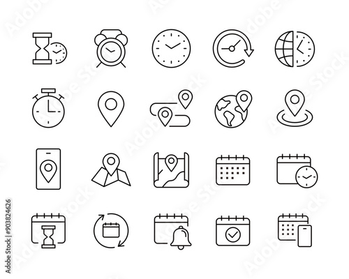 Location, Time and Date Icons - Vector Line. Editable Stroke.