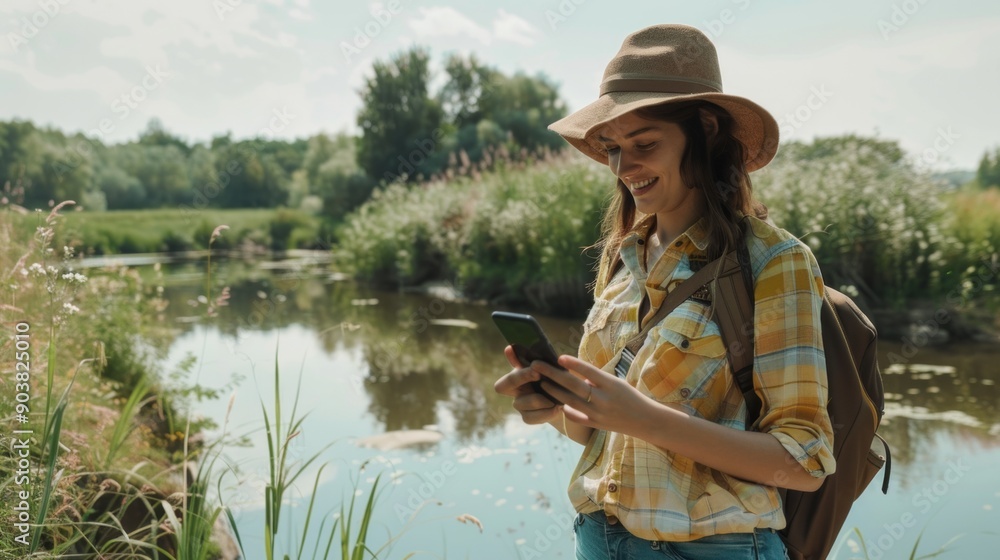 A smiling woman stands by a pond, looking at her phone in a serene setting. Dressed in a hat and plaid shirt, she carries a backpack, possibly hiking, in a peaceful natural backdrop. A smiling woman stands by a pond, looking at her phone in a serene setting. Dressed in a hat and plaid shirt, she carries a backpack, possibly hiking, in a peaceful natural backdrop.