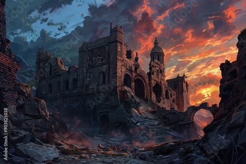 Ancient ruins of a gothic cathedral engulfed in a fiery sunset