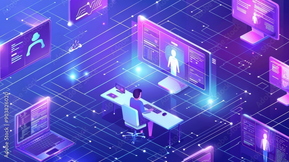 A male digital artist working in a futuristic, tech-inspired office filled with glowing screens and data visuals. A male digital artist working in a futuristic, tech-inspired office filled with glowing screens and data visuals.