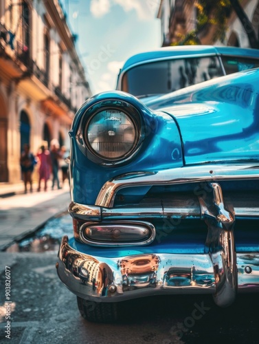 A blue car parked on the side of a busy city street, available for use in urban photography projects