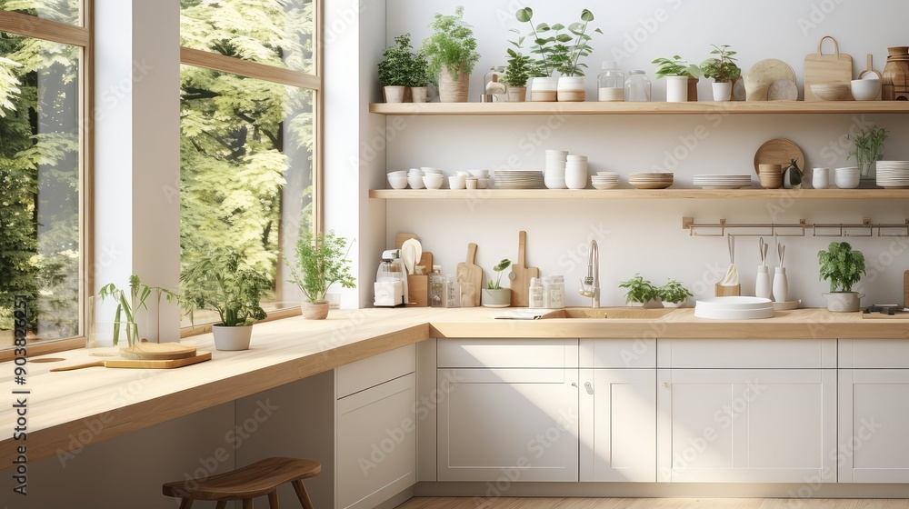 Fototapeta premium scandinavian kitchen with white cabinets